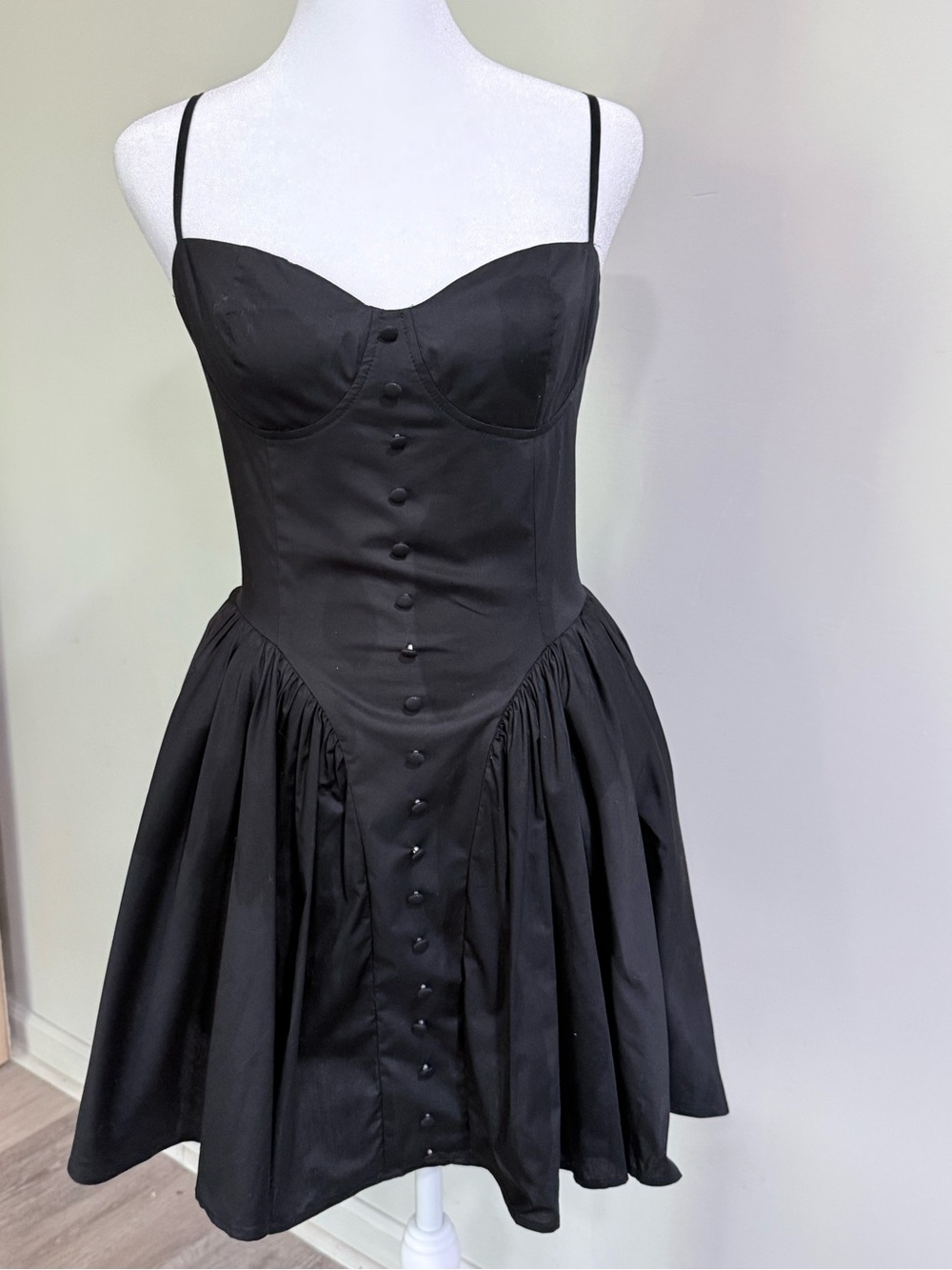Commense Black Spaghetti-Strap Mini Dress with Button Front
